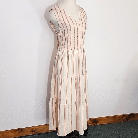 Wonderly Dress Cotton Striped Midi Smocked Bodice & Back Tie Neck Cream Size XL - Picture 6 of 14